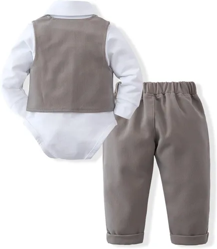 Vista 7 de DISAUR - Conjunto de ropa para bebé niño pequeño, 4 piezas de vestido de caballero + chaleco + pantalones + corbatín de algodón