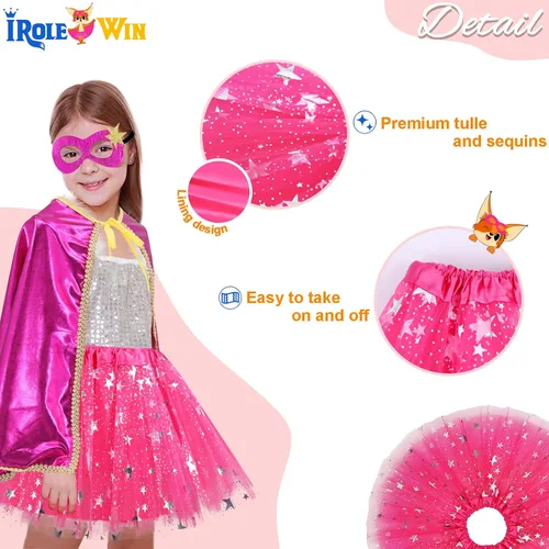 Vista 8 de iROLEWIN Disfraz de superhéroe y máscara TuTu para niñas, disfraz de superhéroe para niñas, regalo de fiesta de juego