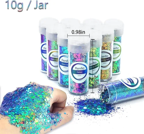 Vista 4 de Renfio Chameleon Purpurina Gruesa con Brillo, Juego de Purpurina de Resina de 16 Colores que Cambian de Color, Cada uno 10g/0.35oz, Copos