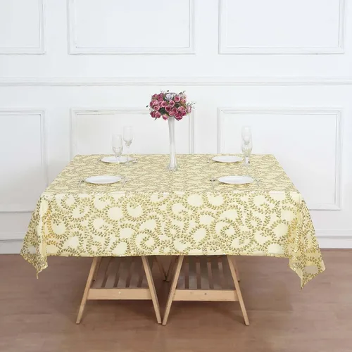 Vista 4 de Efavormart - Superposición de mesa de tul bordado de hojas de lentejuelas doradas de 72 x 72 pulgadas, mantel cuadrado transparente