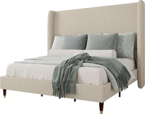 Vista 9 de Jocisland Base de Cama de Plataforma Completamente Tapizada con Cabecero Wingback de 51.2" de Alto–Patas de Madera Sólida, No Necesita Somier, Lino