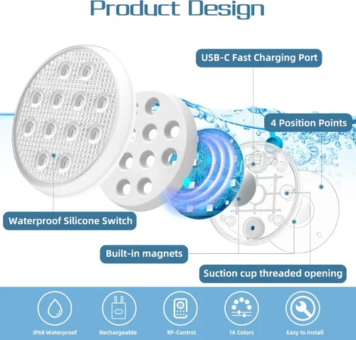 Vista 2 de Luces de piscina, luces LED sumergibles recargables con control remoto, imán integrado, 16 luces flotantes que cambian de color, luces subacuáticas