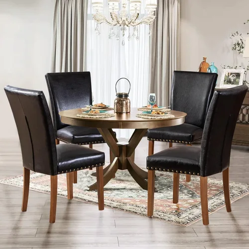 Vista 23 de Juego de 2 sillas tapizadas de tela para comedor, sillas de cocina estilo Parsons con ribete de cabeza de clavo y patas de madera - Beige