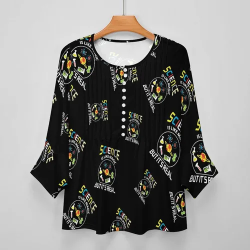Vista 3 de Science Like Magic - Camisa de manga 3/4 con volantes para mujer, casual, cuello en V, con botones, blusa holgada