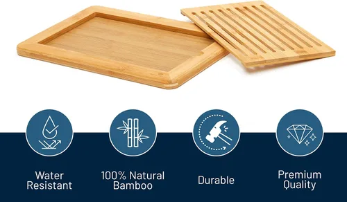 Vista 2 de RoyalHouse Tabla de cortar pan de bambú natural de alta calidad con bandeja para migas, bandeja para servir pan para cocina Bandeja para servir