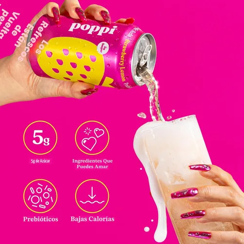 Vista 4 de POPPI - Soda prebiótica de limonada de fresa, lata de 12fl. oz