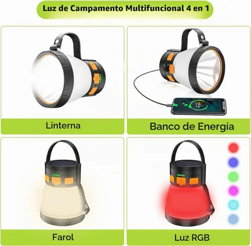 Vista 3 de Paquete de 2 linternas LED para campamento, 1500 lúmenes, linterna de campamento recargable con carga de panel solar, impermeable, 8 modos de luz