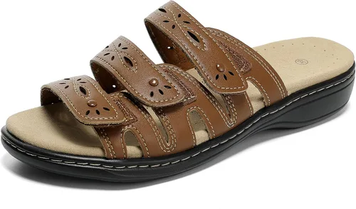 Vista 3 de Sandalias clásicas de cuero para mujer, sandalias casuales con soporte de arco, correas ajustables de gancho y bucle, zapatos para exteriores 2024