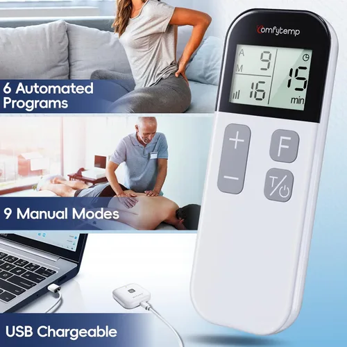 Vista 3 de Comfytemp Unidad TENS inalámbrica estimulador muscular para terapia de alivio del dolor, alivia la ciática máquina TENS recargable para el manejo
