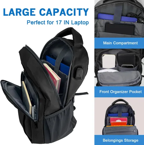 Vista 6 de WOLT Mochila para laptop para hombres y mujeres para portátil de 15.6 pulgadas y 17 pulgadas, mochila de viaje aprobada con compartimento para Negro