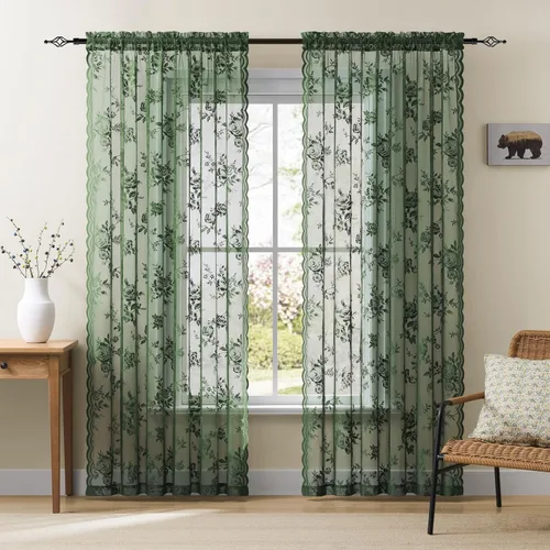 Vista 63 de Cortinas de encaje beige, juego de 2 paneles de cortinas traslúcidas con bolsillo para cortinero, decoración de ventana pequeña, baño, sótano