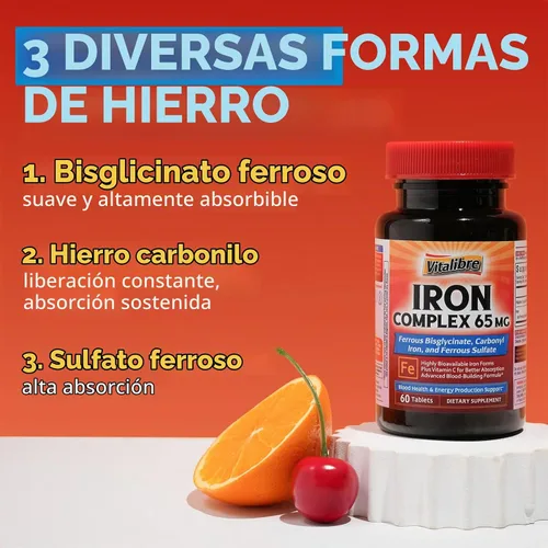 Vista 6 de Suplemento de hierro, bisglicinato ferroso complejo de 65 mg, sulfato, hierro carbonílico with Natural Vitamin C, Stomach Friendly Iron Pills for