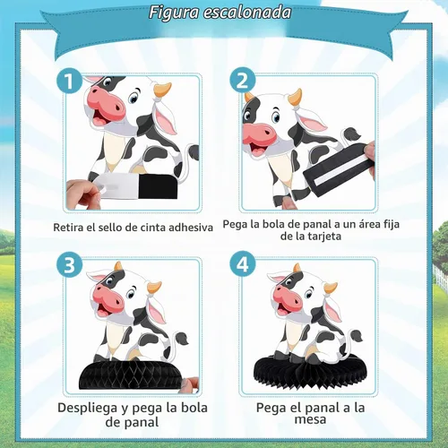 Vista 4 de 9 piezas de centros de mesa de panal de vaca de animales de granja, decoración de mesa 3D de panal de abeja, abanicos de papel de granero, recortes