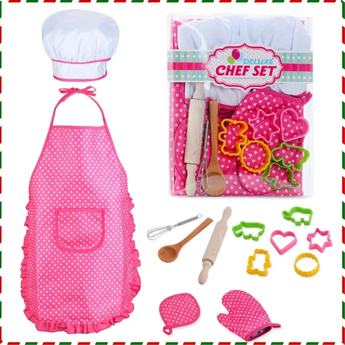 Vista 9 de HmiL-U Juego de chef para niños, juego de 13 piezas de cocina y horneado para niños, incluye delantal, sombrero de chef, utensilios, guante