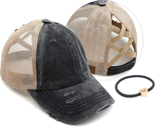 Vista 54 de C.C Gorra de béisbol de malla con diseño de estrella brillante, gorra de camionero ajustable para moño o cola de caballo Una banda elástica-negro