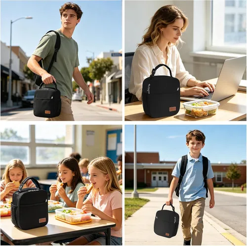 Vista 9 de Femuar Lonchera para hombres, mujeres y adultos, lonchera pequeña para el trabajo, picnic, bolsa de almuerzo reutilizable, bolsa de almuerzo Negro