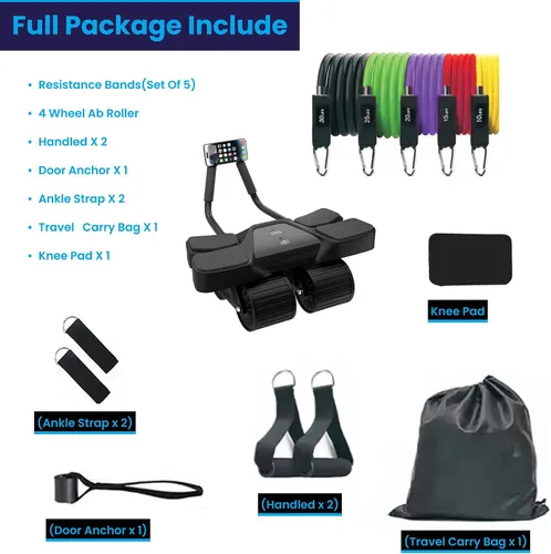 Vista 3 de Ab Roller - Equipo de gimnasio en casa – Rodillo muscular de 4 ruedas con pantalla LCD, 5 bandas de resistencia, correas de tobillo, anclaje