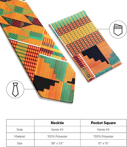 Vista 32 de Juego de corbata Kente con estampado africano y animal y pañuelo de bolsillo a juego