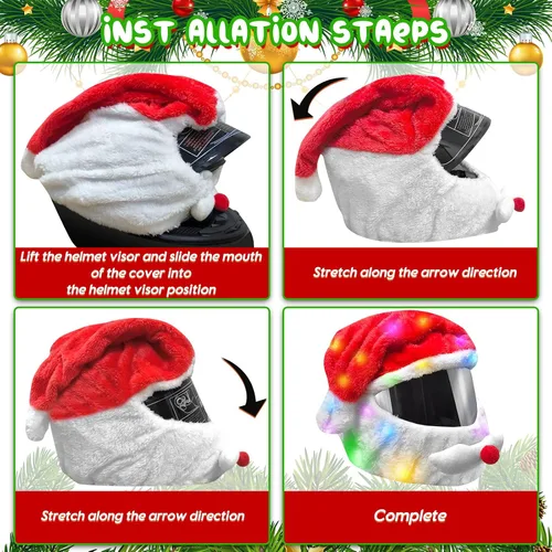 Vista 4 de Funda extra grande para casco de motocicleta de Papá Noel de Navidad con luz, sombrero de decoración de 30 x 15.8 pulgadas para hombres y mujeres