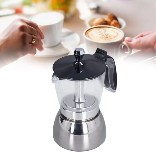 Vista 5 de Cafetera de 6 tazas Moka Pot Estufa eléctrica de acero inoxidable Cafetera de vertido italiano para oficina y hogar