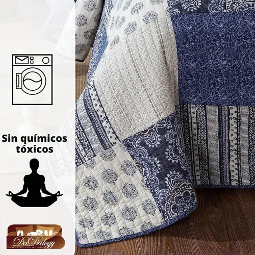 Vista 4 de DaDa Bedding - Juego de colcha de tela vaquera, diseño floral, 100 % algodón, bohemio, chic, ligero, acolchado, a rayas, medallón de cachemira