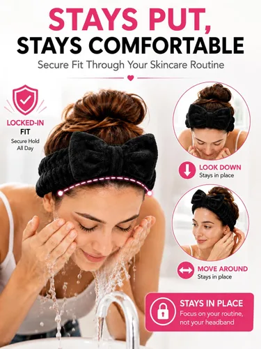 Vista 3 de Diadema para lavar la cara, 6 unidades (negro y gris) Pulseras de spa de secado rápido absorbente para la cara para mujer