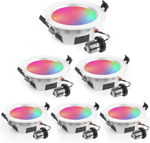 Vista 15 de Luz de lata inteligente de 6 pulgadas, multicolor, atenuada, 2700K-6500K CCT seleccionable, iluminación LED empotrable RGB remota, paquete de 4