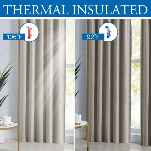 Vista 7 de Beauoop Cortinas de lino 100% opacas de 96 pulgadas de largo, 2 paneles para dormitorio, sala de estar, gris pardo con parte trasera blanca