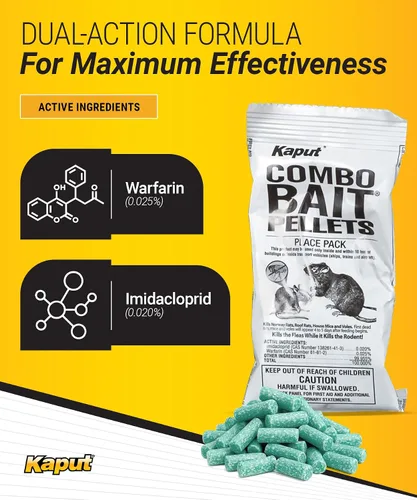 Vista 2 de Cebo combinado en pellets Kaput, cebo para ratas para matar roedores y pulgas, ratones noruegos, ratones caseros y topos de pino - Incluye warfarina