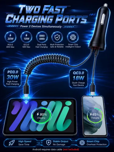 Vista 4 de HUNDA Cargador rápido para auto de 48 W, doble puerto de carga súper rápida con PD3.0 y QC4.0, accesorios de automóvil con cable Lightning