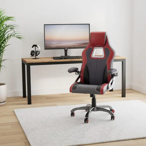 Vista 2 de OSP Home Furnishings Race Car - Silla ajustable para juegos, cuero consolidado gris carbón con detalles rojos