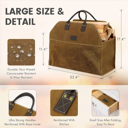 Vista 5 de INNO STAGE - Bolsa de lona encerada resistente para leña, tamaño grande, bolsa de almacenamiento para accesorios de chimenea y estufa de madera
