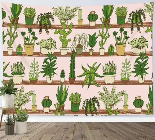 Vista 9 de HVEST Tapiz de cactus con diseño de plantas suculentas del desierto tropical en estante de madera, tapiz para colgar en la pared, acuarela botánica