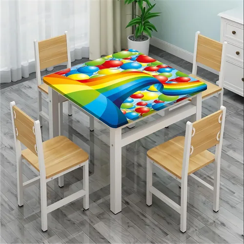 Vista 4 de Cubierta cuadrada para mesa de cumpleaños, muchos globos vibrantes ondulados arco iris, cubierta elástica para mesa, para restaurantes, picnic
