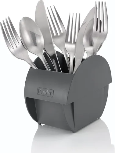 Vista 6 de Polder El escurridor de platos con resorte tiene capacidad para hasta 9 platos e incluye contenedor extraíble e independiente para utensilios (gris)