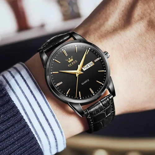 Vista 9 de OLEVS Reloj para hombres cronógrafo marrón cuero oro caso analógico cuarzo moda negocios vestido grande hombres reloj día fecha luminoso impermeable