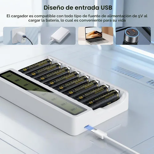 Vista 4 de Cargador de Batería de 8 Bahías AA AAA con Pantalla LCD para Baterías NiMH