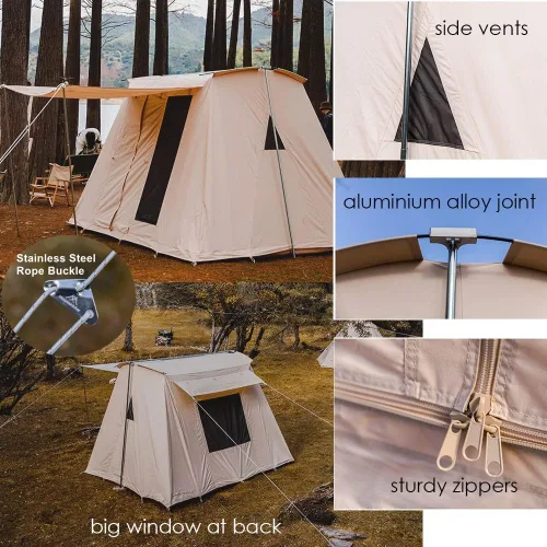 Vista 6 de Tienda de campaña de lona de algodón impermeable para 4 estaciones, refugios para acampar al aire libre con toldo y puertas de malla extra anchas