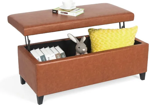 Vista 10 de Homebeez Banco otomano de almacenamiento de piel sintética de 42 pulgadas con parte superior elevadora, moderno reposapiés rectangular para sala