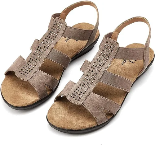 Vista 5 de VJH confort - Sandalias planas para mujer con diamantes de imitación, puntera abierta, elásticas, sin cordones, cómodas, informales, para caminar