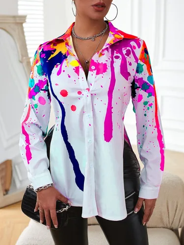 Vista 3 de GORGLITTER Blusa de manga larga para mujer, con estampado de salpicaduras y botones divididos