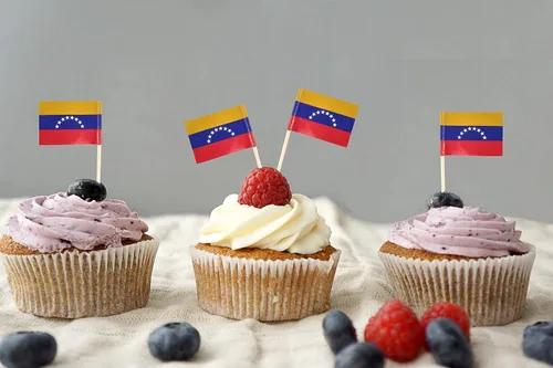 Vista 5 de JBCD Bandera venezolana con palillo de dientes de Venezuela, mini banderas para cupcakes, 100
