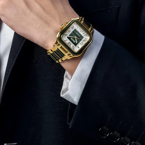 Vista 7 de Diella Reloj de pulsera rectangular para hombre, relojes automáticos de cuerda automática para hombre con jade y reloj de acero inoxidable, reloj