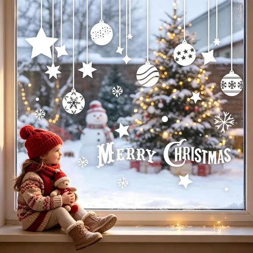 Vista 2 de Adhesivos para ventana de Navidad, copos de nieve, decoraciones de bolas de Navidad grandes para vidrio, calcomanías de invierno de país