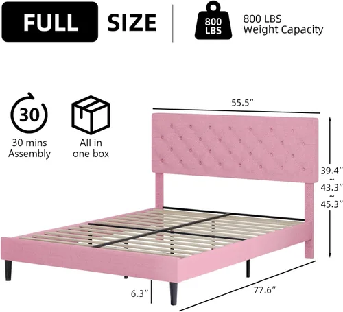 Vista 2 de BarnFurin Marco de cama tamaño completo con cabecero, cama de plataforma tapizada con cabecera acolchada con botones ajustables, marco de cama