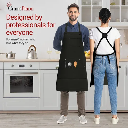 Vista 4 de CHEFSPRIDE Professional Chef Apron for Men & Women - 100% Cotton Adjustable Kitchen Chef Apron with Cross Back & Tool Pockets