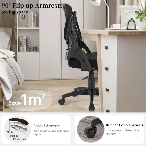 Vista 4 de Silla de oficina ergonómica, cómoda silla de escritorio con brazos abatibles, silla de computadora de malla con soporte lumbar ajustable, sillas