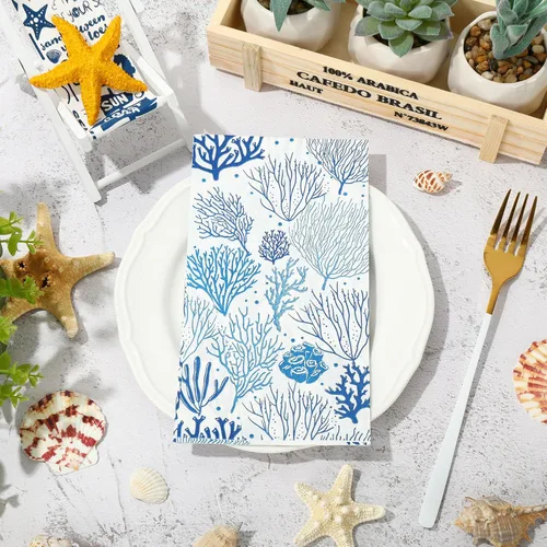 Vista 3 de JarThenaAMCS 100 servilletas de papel desechables de arrecife de coral blanco y azul, toalla de mano para cena de verano para el hogar, cocina