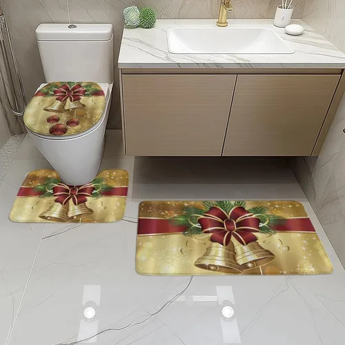 Vista 4 de FOR U DESIGNS Juego de tapetes de baño con moqueta, contorno y tapa, campana de lazo de Navidad, tapete decorativo suave para el hogar, dorado