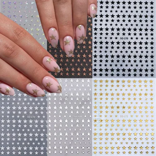 Vista 6 de 6 Hojas de Calcomanías de Arte de Uñas con Estrellas Calcomanías 3D con Purpurina Brillante Dorada Plateada Blanca Negra Estrellas Calcomanías
